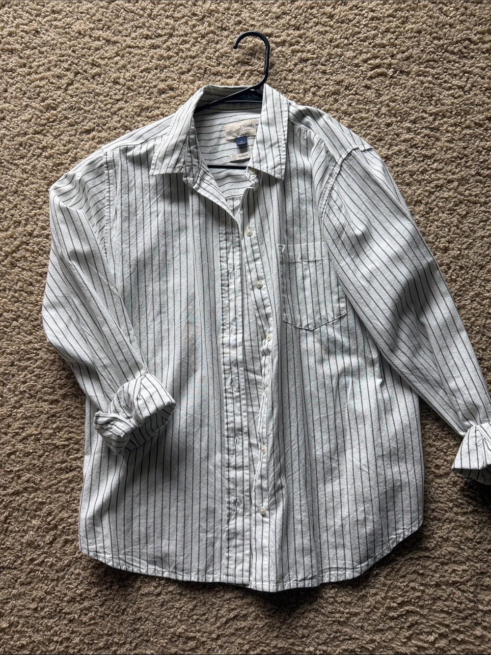 Universal Thread Women’s White Button-Down Shirt with Olive Green Pinstripes